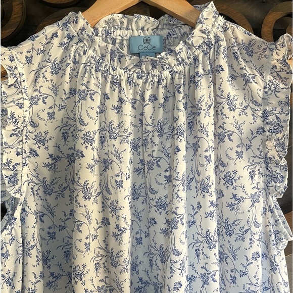 Floral Blouse L Ruffle Peasant Swing Top Cottagecore Sleeveless Tunic - Picture 9 of 16